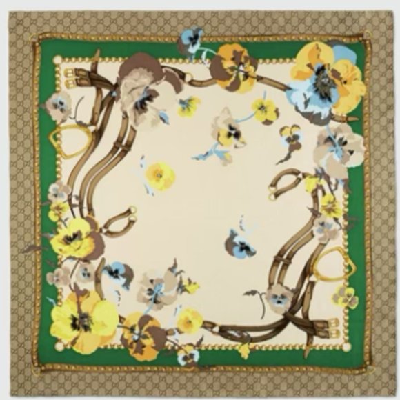 Gucci GG Silk Scarf with Yellow Flowers and Green Border - Picture 1 of 5